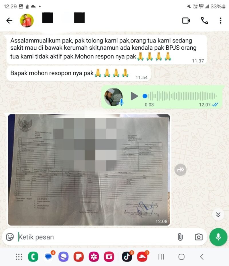 Screenshot pesan WhatsApp warga terkait pengaktifan BPJS Kesehatan 