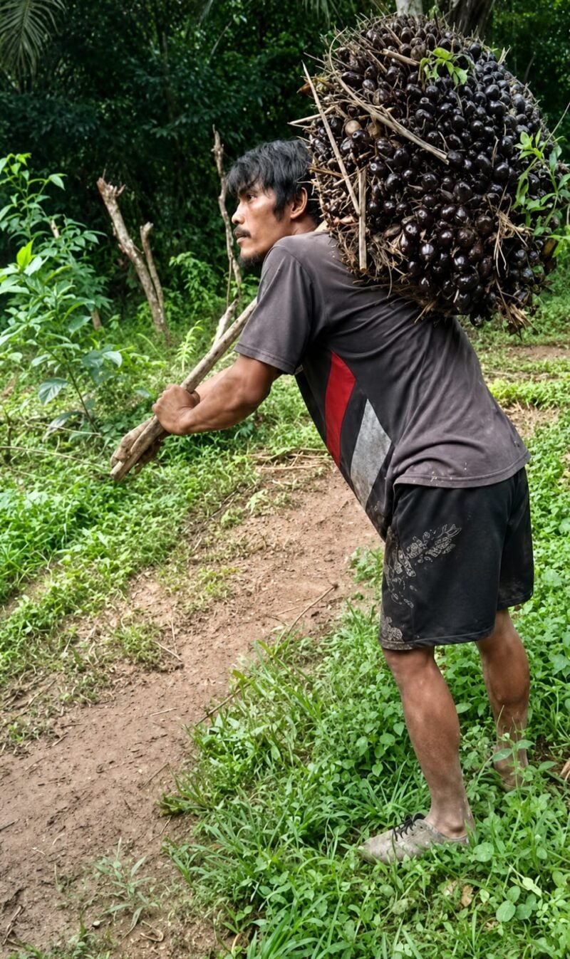 Seorang Petani Sawit sedang memikul tandan buah sawit. Ia memikul beban besar disaat harga pupuk naik harga sawit terjun bebas.