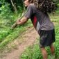Seorang Petani Sawit sedang memikul tandan buah sawit. Ia memikul beban besar disaat harga pupuk naik harga sawit terjun bebas.